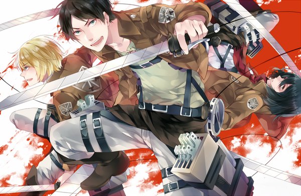 Anime picture 1000x652 with shingeki no kyojin production i.g mikasa ackerman eren yaeger armin arlert d67 (rhymebox) short hair open mouth blue eyes black hair blonde hair white background green eyes profile multiple boys girl boy uniform weapon sword