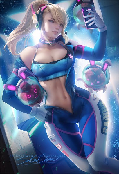 Anime picture 684x1000 with overwatch metroid blizzard entertainment d.va (overwatch) samus aran metroid (creature) sakimichan single long hair tall image looking at viewer fringe breasts blue eyes light erotic blonde hair large breasts signed cleavage ponytail