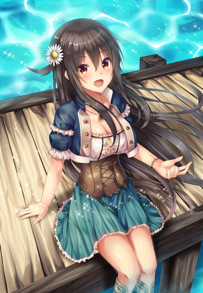 Anime picture 2200x3174 with original amagi korona single long hair tall image blush fringe highres breasts open mouth black hair hair between eyes sitting yellow eyes cleavage hair flower from above arm support sparkle underbust