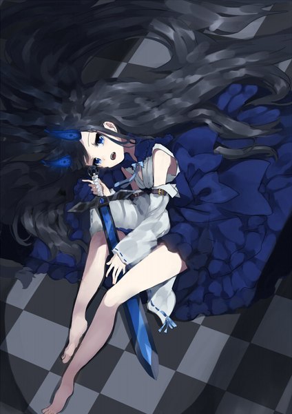 Anime picture 607x859 with original canalia single tall image looking at viewer fringe open mouth blue eyes black hair holding payot bent knee (knees) lying very long hair head tilt barefoot horn (horns) from above shadow fang (fangs)