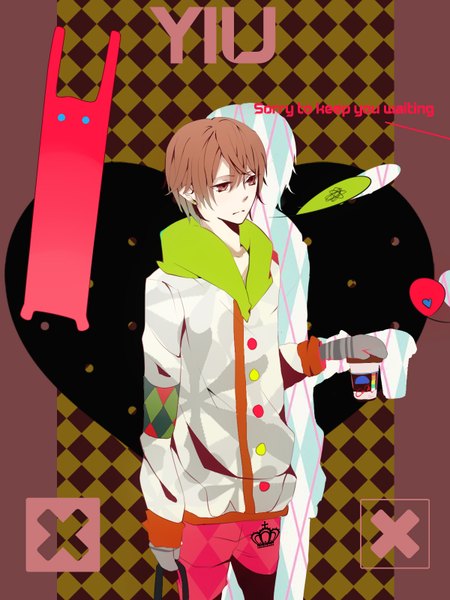 Anime picture 1200x1600 with original ryoji single tall image short hair brown hair inscription orange eyes rhombus boy heart cross crown bunny mittens