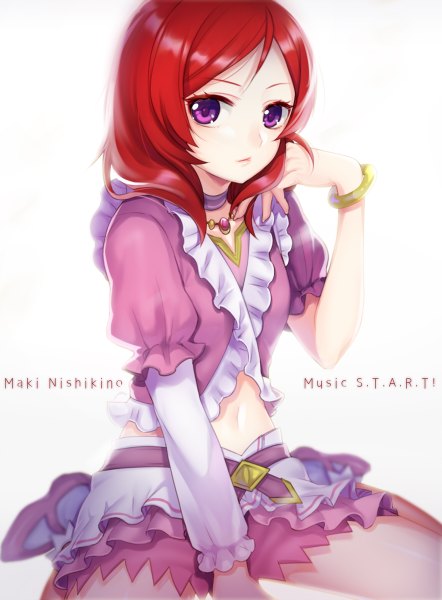 Anime picture 884x1200 with love live! school idol project sunrise (studio) love live! nishikino maki etsuo single tall image looking at viewer short hair simple background white background sitting purple eyes red hair bare belly character names kneeling adjusting hair girl skirt