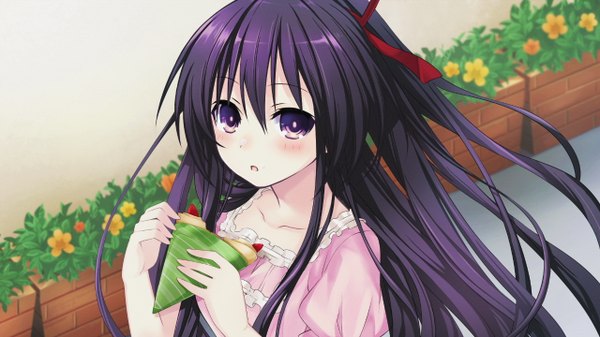 Anime picture 1280x720 with date a live yatogami tooka long hair looking at viewer blush wide image purple eyes game cg purple hair girl dress ribbon (ribbons) hair ribbon