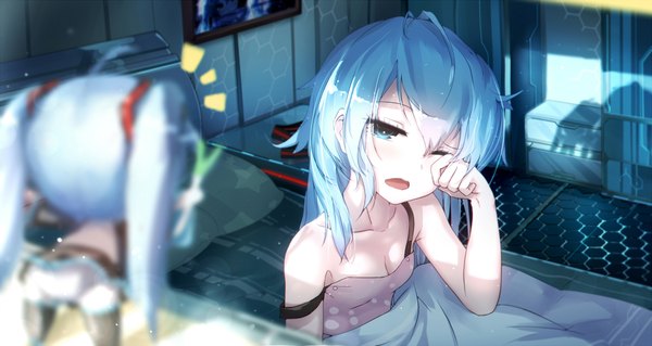 Anime picture 2000x1066 with vocaloid hatsune miku hachune miku qys3 single long hair looking at viewer highres open mouth wide image one eye closed aqua eyes wink aqua hair strap slip revision sleepy waking up girl bed