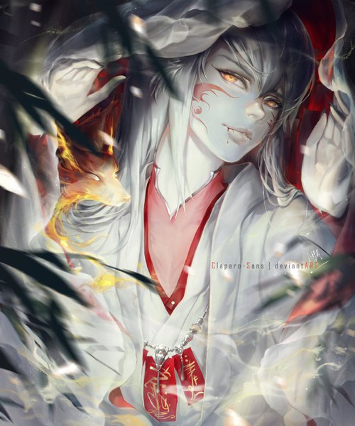 Anime picture 917x1100 with original claparo-sans single long hair tall image looking at viewer fringe silver hair traditional clothes head tilt japanese clothes lips arms up orange eyes glowing glowing eye (eyes) fog animal fox