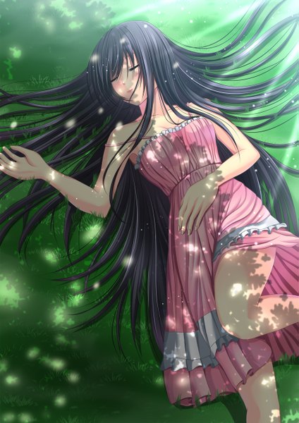 Anime picture 919x1300 with original toshi (1-147) single long hair tall image black hair lying eyes closed shadow sleeping girl dress plant (plants) grass sundress