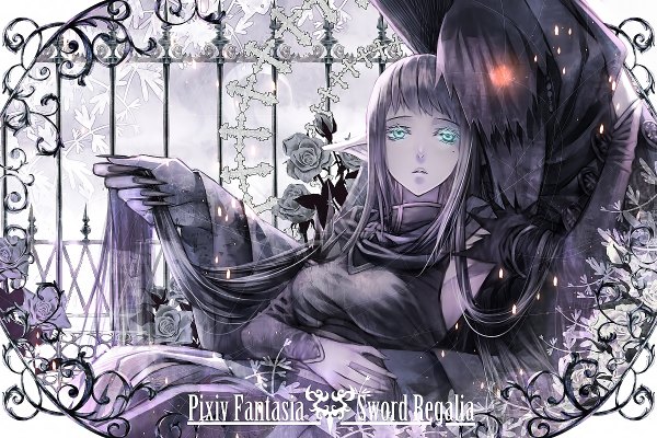 Anime picture 1200x800 with original pixiv fantasia pixiv fantasia sword regalia shijuu hachi long hair blue eyes very long hair pointy ears monochrome elf girl rose (roses) claws