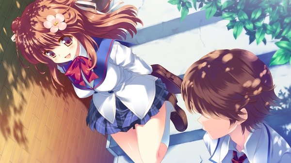 Anime picture 1280x720 with hoshi no ouji-kun amanatsu purin qp:flapper long hair short hair brown hair wide image brown eyes game cg hair flower couple girl boy hair ornament serafuku