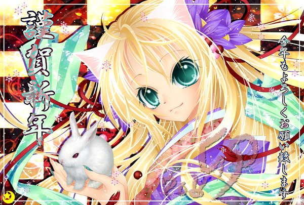Anime picture 1748x1181 with original midzuki single long hair looking at viewer highres blonde hair animal ears japanese clothes hair flower aqua eyes light smile cat ears girl hair ornament ribbon (ribbons) kimono bunny