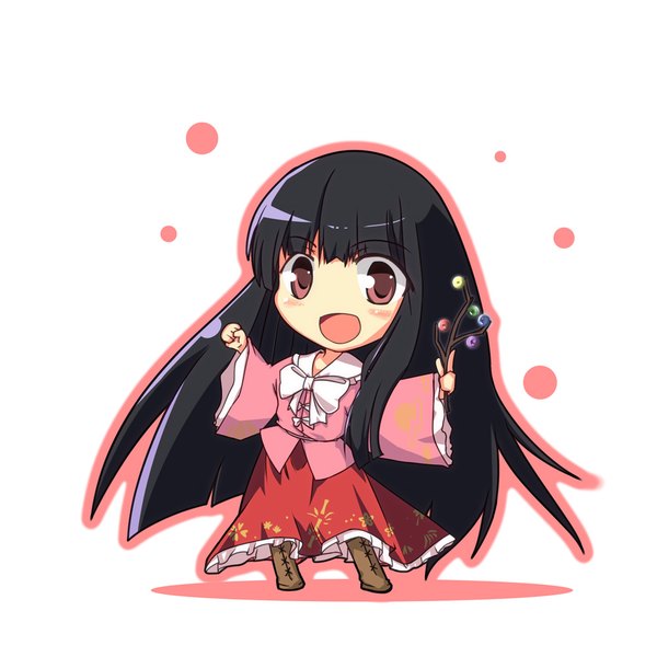 Anime picture 1000x1000 with touhou houraisan kaguya nihonbato single blush fringe open mouth black hair simple background red eyes standing white background holding looking away full body very long hair wide sleeves shadow lens flare happy