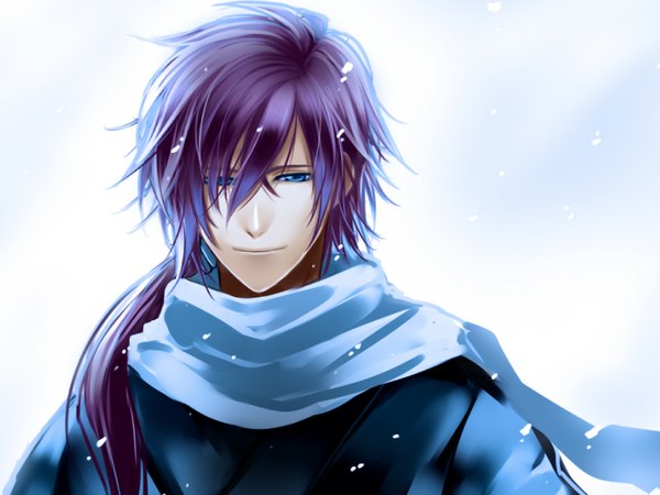 Anime picture 1024x768 with hakuouki shinsengumi kitan studio deen saito hajime single long hair looking at viewer blue eyes purple hair light smile snowing winter boy scarf