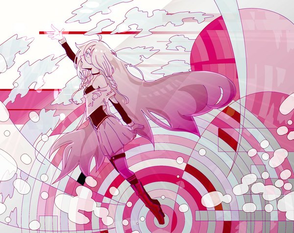 Anime picture 1125x891 with vocaloid ia (vocaloid) single long hair open mouth blonde hair bare shoulders cloud (clouds) braid (braids) profile twin braids girl skirt boots