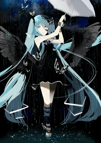Anime picture 2480x3507 with vocaloid hatsune miku glycan single tall image looking at viewer highres blue eyes twintails bare shoulders holding blue hair very long hair nail polish light smile alternate costume sleeveless floating hair rain pale skin