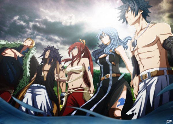 Anime picture 2417x1735 with fairy tail erza scarlet gray fullbuster juvia lockser gajeel redfox laxus dreyar futuretabs long hair highres short hair blue eyes light erotic black hair blonde hair red eyes purple eyes multiple girls blue hair sky cloud (clouds)