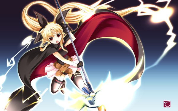 Anime picture 1280x800 with mahou shoujo lyrical nanoha fate testarossa tebukuro blonde hair red eyes wide image twintails girl thighhighs weapon cloak