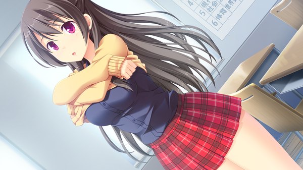 Anime picture 1920x1080 with melty moment ichijou aoi long hair looking at viewer highres open mouth black hair wide image purple eyes game cg undressing girl skirt uniform school uniform sweater desk