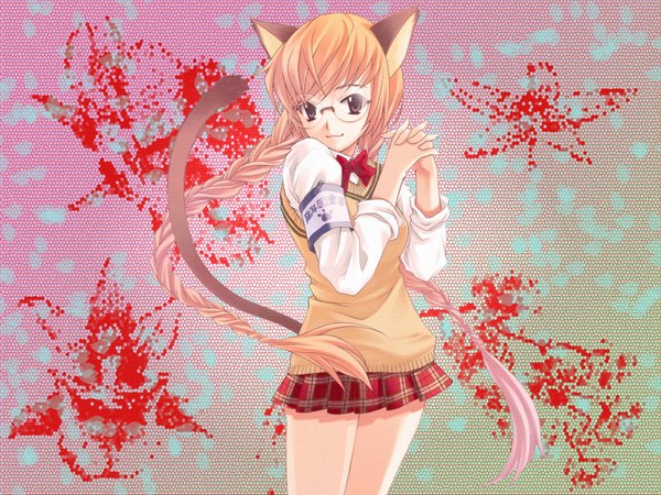 Anime picture 1600x1200 with original takigawa yuu highres animal ears cat ears skirt uniform school uniform glasses