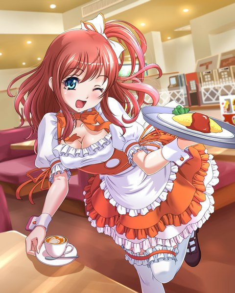 Anime picture 800x1000 with original chaki-yam single long hair tall image blush open mouth blue eyes pink hair one eye closed wink one side up waitress girl thighhighs dress bow hair bow white thighhighs food