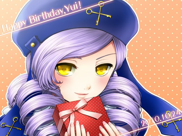 Anime picture 1000x750 with umineko no naku koro ni dlanor a knox 16 16 single long hair looking at viewer yellow eyes purple hair upper body drill hair dated polka dot happy birthday polka dot background girl beret gift gift box