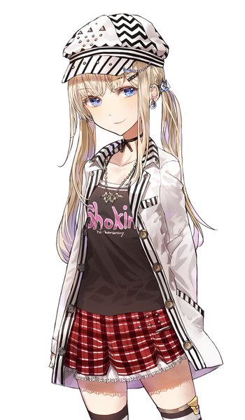 Anime picture 800x1368 with original kim eb single long hair tall image fringe blue eyes blonde hair simple background smile white background twintails payot looking away shadow low twintails plaid skirt hand in pocket girl skirt