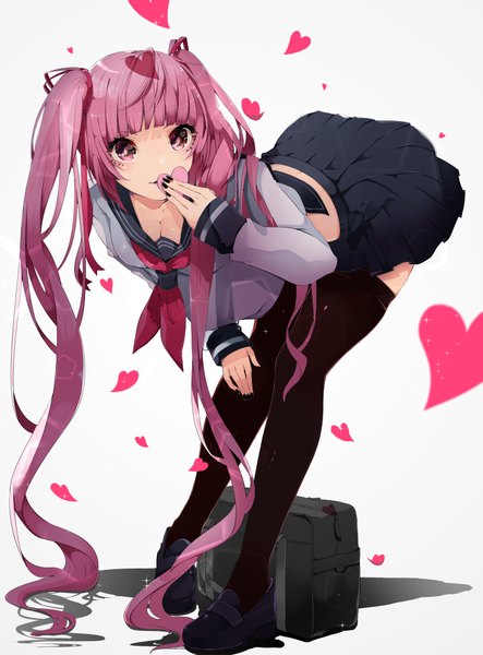 Anime picture 800x1082 with original akuan (7jackpot7) single tall image looking at viewer fringe simple background smile white background twintails pink hair blunt bangs very long hair pleated skirt pink eyes fingernails sparkle shadow leaning zettai ryouiki