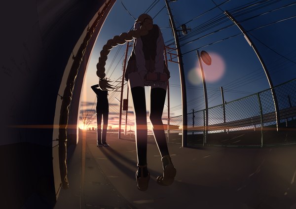 Anime picture 3508x2480 with original atm (atutake199392) long hair highres absurdres sky outdoors ponytail braid (braids) wind from below lens flare single braid evening sunset hands behind back horizon walking bare tree girl