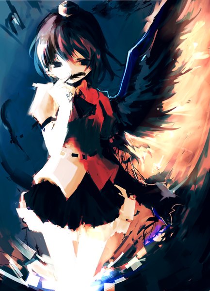 Anime picture 1000x1386 with touhou shameimaru aya mark (abenyugu) single tall image short hair black hair black eyes girl skirt hat shirt wings feather (feathers) tokin hat