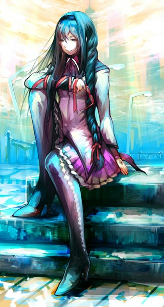 Anime picture 573x1071 with mahou shoujo madoka magica shaft (studio) akemi homura masayoshi single long hair tall image blue eyes sitting blue hair looking away braid (braids) sunlight high heels rhombus girl skirt ribbon (ribbons) glasses hairband