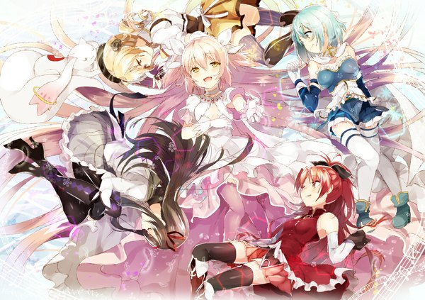 Anime picture 1000x706 with mahou shoujo madoka magica shaft (studio) akemi homura kaname madoka sakura kyouko miki sayaka tomoe mami goddess madoka kyuubee nochita shin long hair looking at viewer blush short hair open mouth black hair blonde hair smile twintails multiple girls