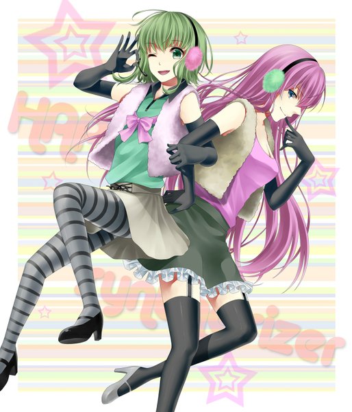 Anime picture 1350x1575 with vocaloid megurine luka gumi hinase kanoto tall image open mouth smile multiple girls green eyes pink hair one eye closed green hair wink back to back girl thighhighs gloves bow 2 girls elbow gloves