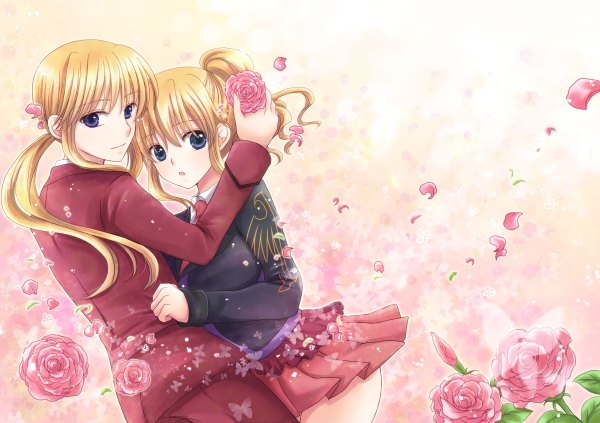 Anime picture 1200x846 with umineko no naku koro ni ushiromiya jessica ushiromiya leon maekawa suu (artist) blue eyes blonde hair ponytail couple hug siblings girl boy skirt flower (flowers) miniskirt