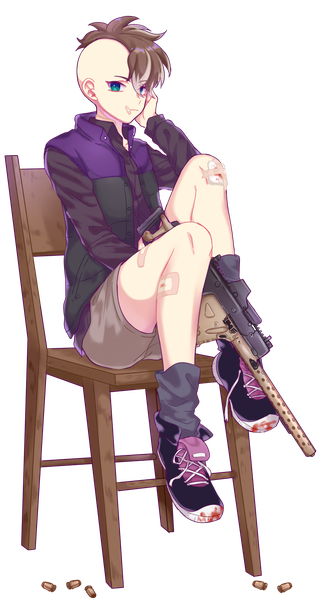 Anime picture 800x1500 with inazuma eleven fudou akio tete (tetenim) single tall image short hair brown hair sitting looking away full body aqua eyes arm support transparent background bandaid on face bandaid on leg bandaid on knee boy weapon socks shorts