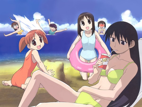 Anime picture 1600x1200 with azumanga daioh j.c. staff kasuga ayumu mihama chiyo takino tomo sakaki mizuhara koyomi aida kaori beach girl