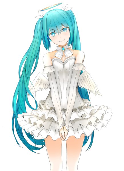Anime picture 1013x1400 with vocaloid hatsune miku neon (syarinngann) single long hair tall image looking at viewer smile white background twintails bare shoulders aqua eyes aqua hair girl dress detached sleeves wings headphones halo