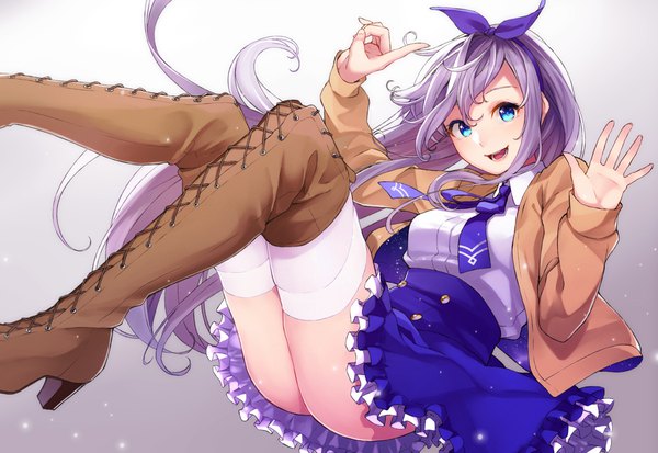 Anime picture 1000x689 with original retsuna single long hair looking at viewer fringe open mouth blue eyes light erotic simple background smile hair between eyes purple hair bent knee (knees) ass gradient background floating hair lacing frilly skirt girl