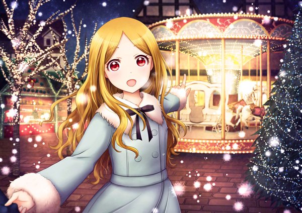 Anime picture 2000x1414 with idolmaster idolmaster cinderella girls youme single long hair looking at viewer highres open mouth blonde hair red eyes :d snowing winter pov pointing bare tree double buttons girl plant (plants) tree (trees)