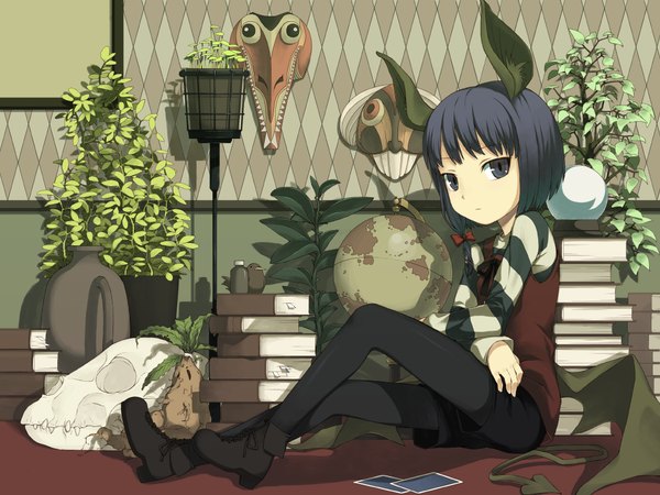 Anime picture 1024x768 with original ikura hato single looking at viewer short hair black hair sitting black eyes crossed arms striped demon girl demon tail demon wings rhombus girl plant (plants) pantyhose boots book (books) mask
