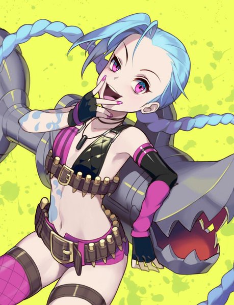 Anime picture 768x1004 with league of legends jinx (league of legends) 1000marie single long hair tall image looking at viewer breasts open mouth simple background smile bare shoulders blue hair braid (braids) pink eyes from above tattoo twin braids finger to mouth flat chest