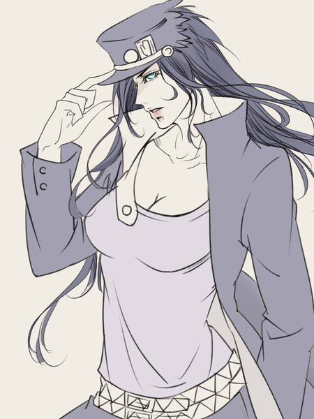 Anime picture 2448x3264 with jojo no kimyou na bouken kujo jotaro later (chiyating) single long hair tall image looking at viewer highres black hair simple background cleavage profile aqua eyes lips genderswap girl hat belt cloak