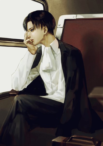 Anime picture 800x1126 with shingeki no kyojin production i.g levi (rivaille) par single tall image short hair black hair sitting looking away profile black eyes arm support crossed legs clothes on shoulders hand on face boy shirt window white shirt