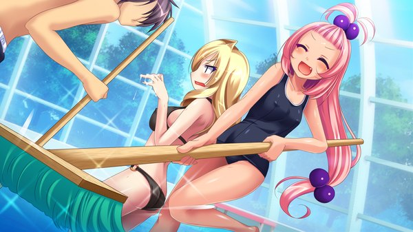 Anime picture 1280x720 with sex sensou kirizuka maya ogura ako long hair blush open mouth light erotic blonde hair wide image multiple girls pink hair game cg eyes closed teeth fang (fangs) girl hair ornament 2 girls swimsuit animal