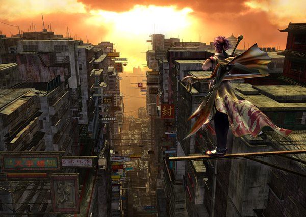 Anime picture 4500x3200 with bujingai: the forsaken city (game) single highres short hair absurdres purple hair cloud (clouds) from behind inscription sleeveless city crossed arms cityscape 3d detailed boy weapon sword building (buildings)