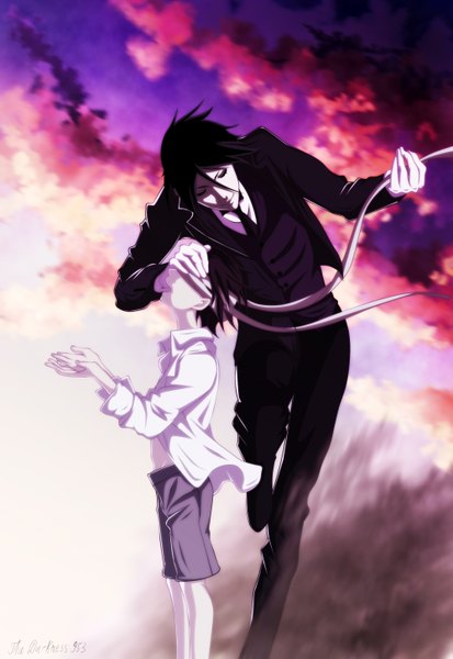 Anime picture 2000x2900 with kuroshitsuji a-1 pictures sebastian michaelis ciel phantomhive darknes953 tall image highres short hair open mouth black hair smile brown hair sky cloud (clouds) eyes closed profile open clothes multiple boys open shirt coloring