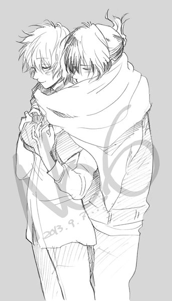 Anime picture 573x1000 with no.6 studio bones nezumi (no.6) shion (no.6) zkakq tall image fringe short hair simple background smile eyes closed grey background multiple boys copyright name hug dated monochrome shounen ai hug from behind shared scarf