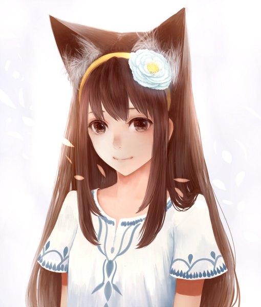 Anime picture 868x1021 with original bounin single long hair tall image fringe simple background smile brown hair white background brown eyes animal ears payot looking away upper body hair flower cat ears short sleeves cat girl portrait
