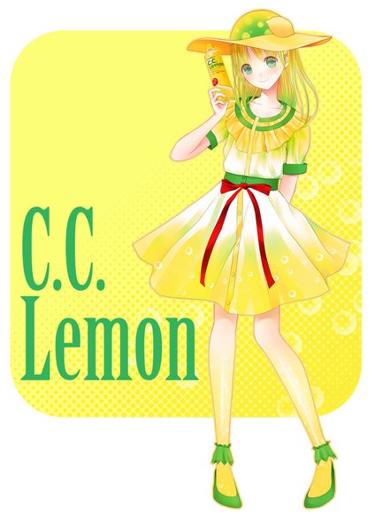 Anime picture 827x1169 with original c.c. lemon c.c. lemon (character) chikuwa (odennabe) single long hair tall image looking at viewer blonde hair green eyes girl dress hat sundress fruit bottle lemon