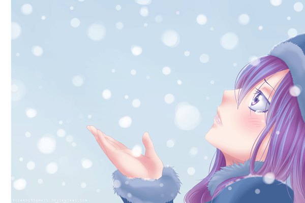 Anime picture 3000x2000 with fairy tail juvia lockser ric9duran single long hair blush highres purple eyes purple hair profile coloring snowing looking up close-up girl fur cap winter clothes