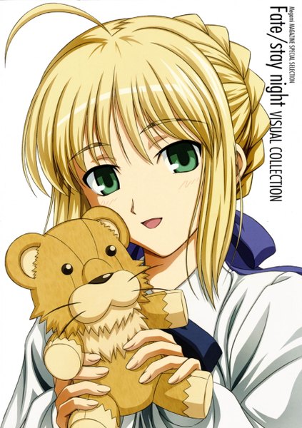 Anime picture 1764x2500 with fate (series) fate/stay night studio deen type-moon artoria pendragon (all) saber single tall image blush highres short hair open mouth blonde hair green eyes ahoge scan girl toy stuffed animal