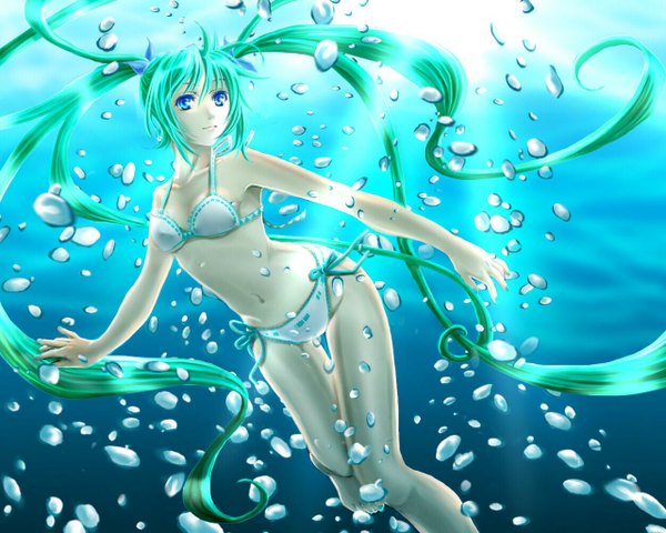 Anime picture 1280x1024 with vocaloid hatsune miku single blue eyes twintails nail polish aqua hair underwater girl swimsuit water bubble (bubbles)