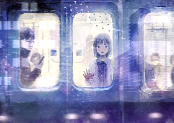 Anime picture 1600x1131 with original nakamura hinata blush short hair open mouth brown hair brown eyes surprised girl boy gloves glasses mobile phone train mustache